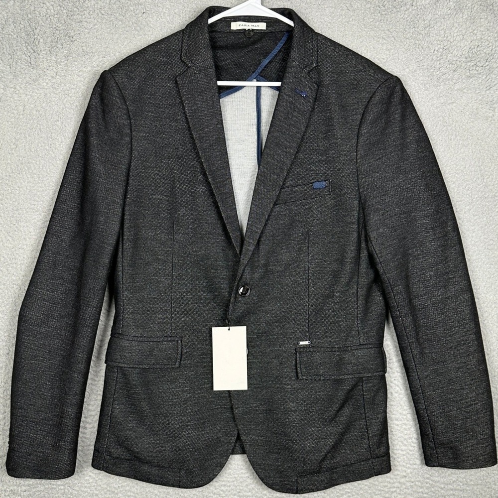 NEW Zara Man Blazer Mens 46 Tailored Charcoal Grey Textured Sport Coat Jacket